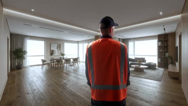 Surveyor Examines Building Plans Vividly, Unfinished Interior With Sunlight Streaming Through Windows