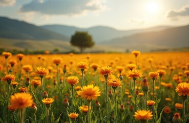 Field of bright orange safflower blooms with mountains in background. Sun shines on flower meadow at sunset. Green stalks and buds emerge from orange blossoms.