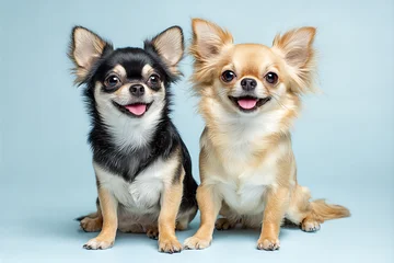 Fotobehang Dierenarts Two smiling Chihuahua dogs sitting side by side on a soft blue studio backdrop — adorable small-breed companions with bright eyes and perky ears  © EricMiguel