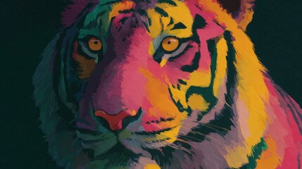 Vibrant pop art tiger portrait with colorful brush strokes on dark background
