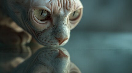 Cinematic portrait of a hairless Sphynx cat gazing at its own reflection