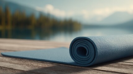 Rolled blue yoga mat on a wooden pier by a serene mountain lake