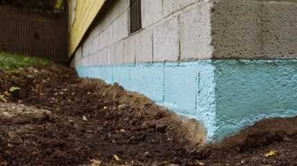 Medium shot of exterior basement wall with waterproof sealant application protecting foundation from moisture damage during rainy weather.