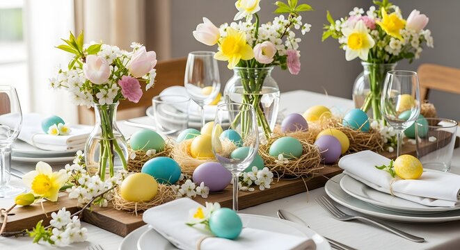 Easter table setting with eggs and flowers, bright natural light