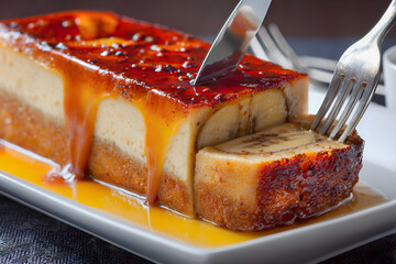 Ciasto bananowe z sosem karmelowym krojone na porcje na prostokątnym talerzu.