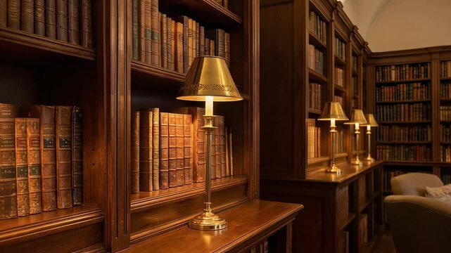 Warm cozy library interior with golden lamps and leather bound books on wooden shelves
