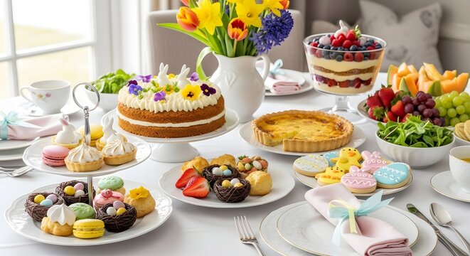Easter brunch table with desserts, bright food photography