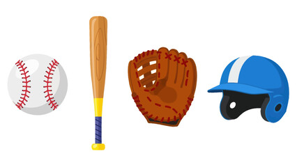 Baseball equipment: ball, bat, glove, and helmet, isolated on white background