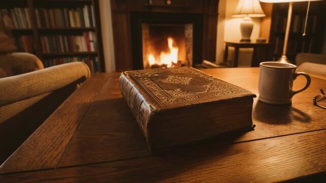 Cozy reading nook with warm fire and leather bound book on polished table for relaxing moments