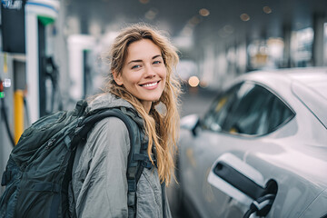 Fototapeta premium Smiling young woman with backpack charging her electric car at a public charging station, sustainable travel, urban mobility and eco-friendly lifestyle