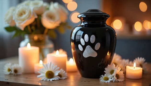 Black urn with paw print sits with lit candles and white flowers. Pet memorial service, remembrance of beloved animal companion. Quiet tribute, peaceful atmosphere, gentle light.
