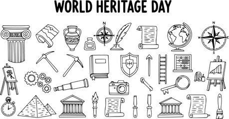 World Heritage Day Black and White Line Art Doodles Collection. Hand-drawn Outline Icons Set for History, Culture, Archaeology, and Education. © evalova