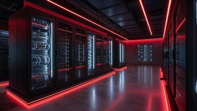 Futuristic data center with glowing red lights and sleek servers buzzing with advanced technology