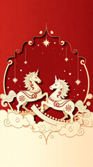 Three-dimensional paper sculpture pony New Year red style poster