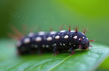 Fototapeta premium Dark with white spots and red hairs crawls on bright green leaf. Insect has big eyes and fuzzy antennae, showing detail in macro shot. Nature bug moves slowly on plant surface.