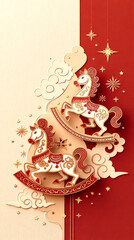 Three-dimensional paper sculpture pony New Year red style poster