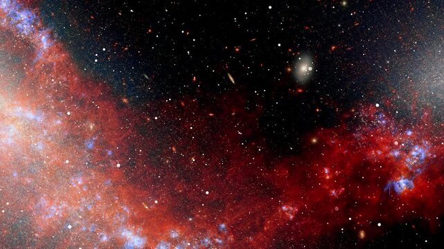 Space Journey Through A Red Deep Universe Nebula With Millions Of Stars