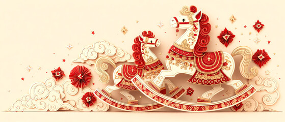 Three-dimensional paper sculpture pony New Year red style poster