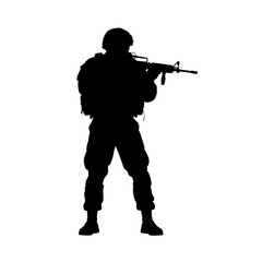 Fototapeta premium A black vector illustration of a military soldier silhouette standing as a professional sniper with a rifle weapon