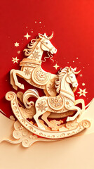 Three-dimensional paper sculpture pony New Year red style poster