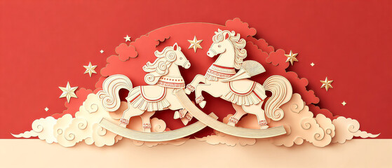 Three-dimensional paper sculpture pony New Year red style poster