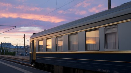 Fototapeta premium Elegant Train Carriage Profile Against a Vibrant Sunset in the Sky