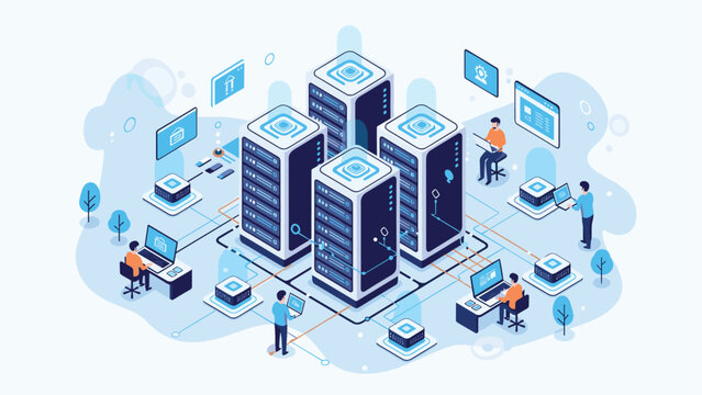 Advanced isometric data center environment with specialized IT specialists monitoring server performance and network traffic patterns.