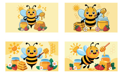 Obraz premium Cute bee cartoon illustration with honey fruits 