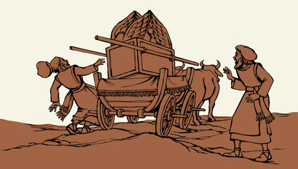 Vector drawing. The ark of the covenant being transported on a wooden cart pulled by two oxens © Marina
