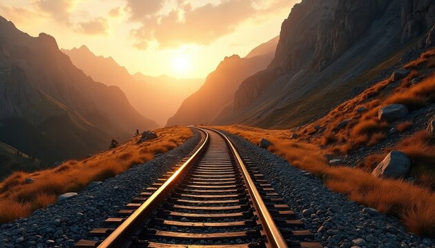 Train tracks curve through majestic mountains at golden hour. Sunset light casts warm orange hues on grassy slopes and rugged terrain. The railway journey continues towards the horizon.