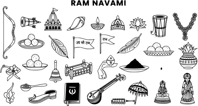 Ram Navami Hindu Festival Celebration Elements Line Art Icon Set. Traditional Indian Cultural Symbols and Objects in Black and White Outline Style.