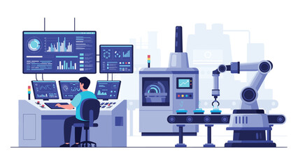 Operator monitoring industrial robotic operations and production analytics from a control station in a smart factory environment.