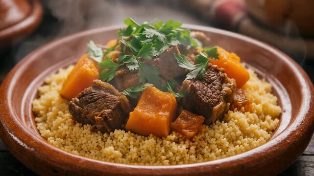 Delicious tender meat and sweet pumpkin served over fluffy couscous with rising steam
