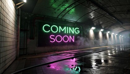 A dimly-lit, foggy subway tunnel with a large, glowing "COMING SOON" sign in neon green and pink letters. Wet, reflective tracks and tiled walls create a moody, futuristic atmosphere.