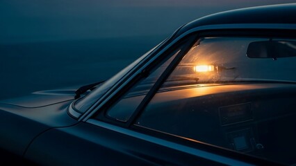 Car window reflecting a warm light at dusk or dawn.