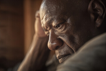 Pensive elderly man in warm light reflecting with deep emotion and introspection — intimate close-up portrait conveying solitude, resilience, and memory