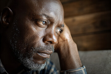 Pensive mature man in quiet contemplation by a window, close-up portrait capturing introspection, solitude and reflective emotion in warm natural light