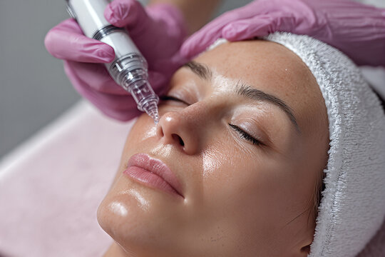 Professional facial microneedling treatment on a woman with closed eyes &mdash; modern skincare procedure for glowing, rejuvenated skin