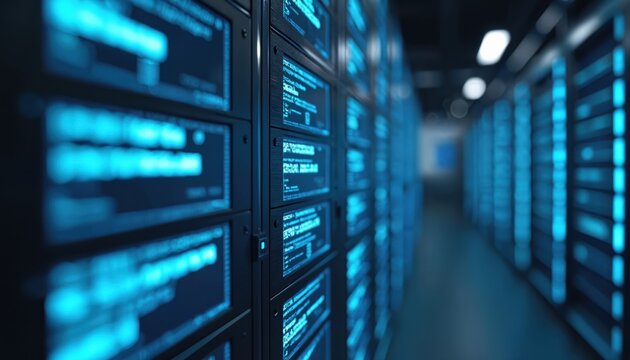 Rows of computer servers gleam with blue lights. Digital data streams across screens in a dark data center. This tech infrastructure supports complex computations and storage. - Powered by Adobe