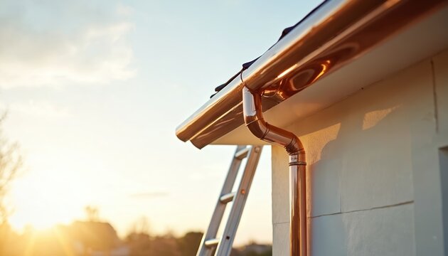 Shiny copper gutters and downspout installed on house roof. Ladder leans against building exterior for maintenance. Warm sunset light shines on new residential drainage system.