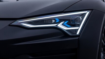 Naklejka premium Sleek black car headlight with modern LED design and blue accent.