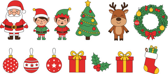 Fototapeta premium Cute Christmas cartoon illustration set featuring Santa elves reindeer tree wreath ornaments gifts holly stocking festive holiday elements in colorful vector style