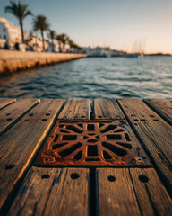 Fototapeta premium Close-up of metal deck drain grate embedded in weathered wooden dock flooring under natural light