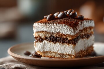 Gourmet Italian Tiramisu Slice with Cocoa Dust and Coffee Beans on Rustic Ceramic Plate