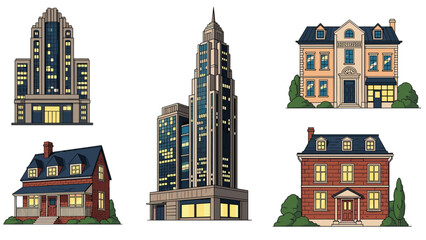 Obraz premium Collection of diverse building types including modern glass skyscrapers, classic townhouses, and suburban residential home designs.