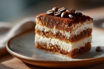 Artisanal Tiramisu Slice on Rustic Ceramic Plate with Coffee Beans and Cocoa Dusting