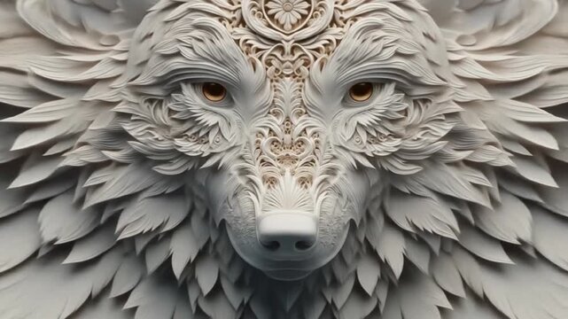 Close up view of intricately carved white wolf face with detailed fur