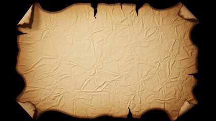 Old parchment paper with burnt edges and crumpled texture on black background.