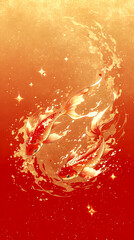 Chinese traditional New Year koi swimming red gold gradient background