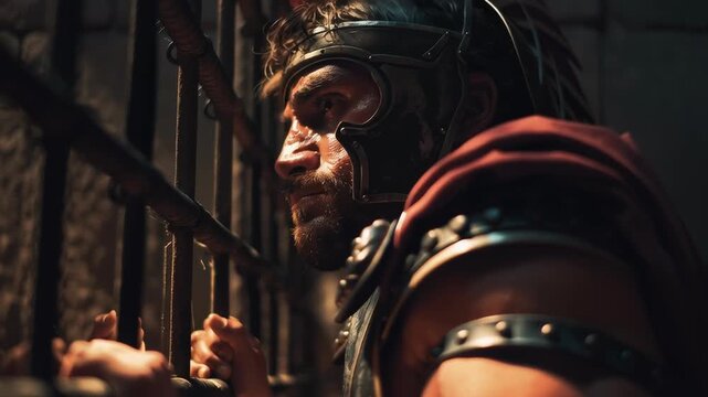 Thoughtful Roman gladiator in metal helmet standing behind iron bars in a dark cell, expressing captivity, struggle, and ancient warrior destiny.
